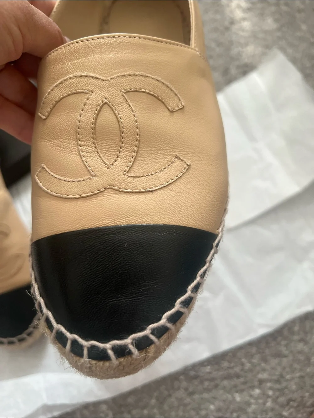 CHANEL Women's Beige and Black Leather Espadrille Flats